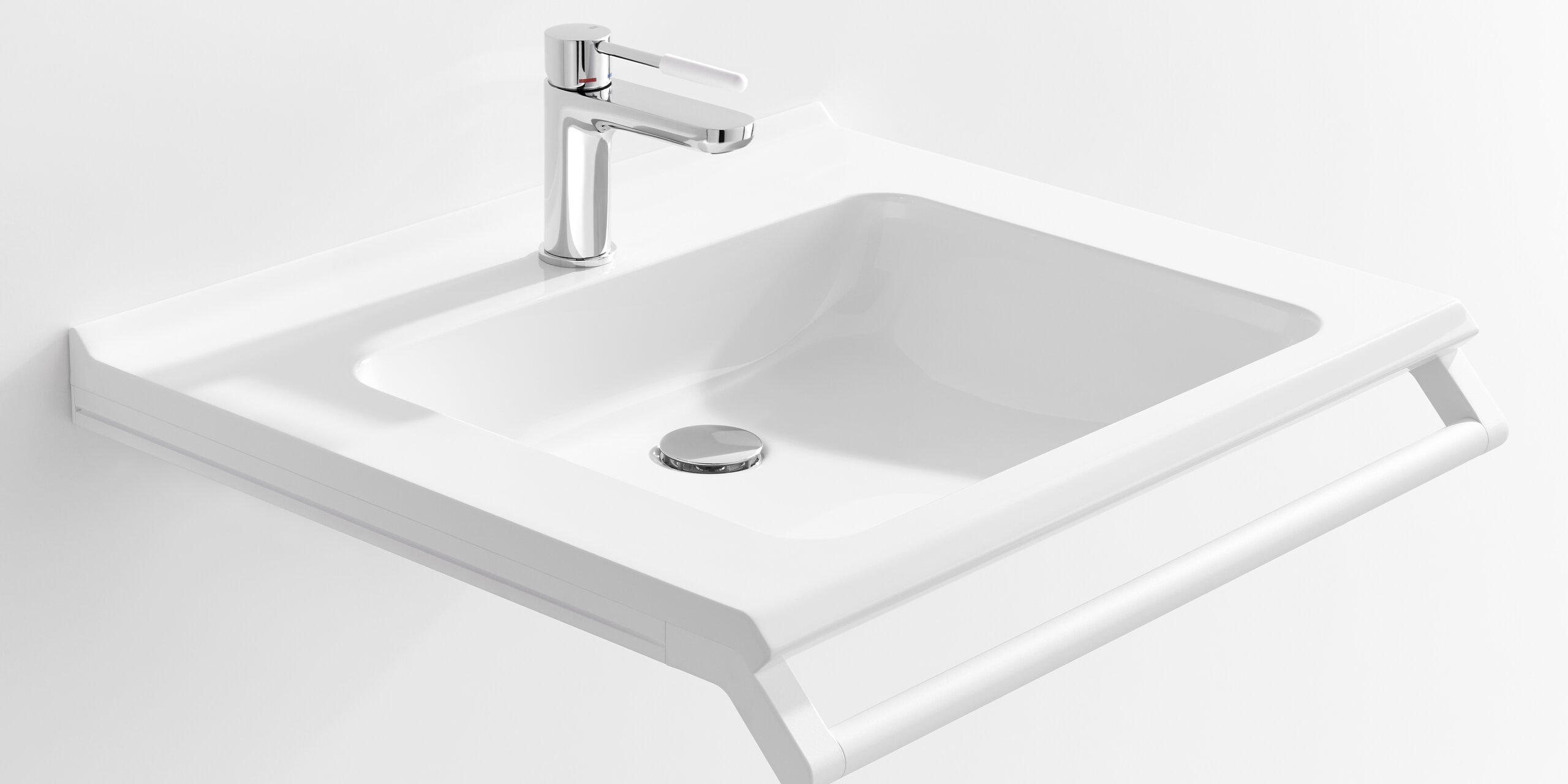Lavabo accessible avec poignée de couleur blanc mat en acier inoxydable et robinetterie à levier unique chromée avec élément de poignée blanc en polyamide